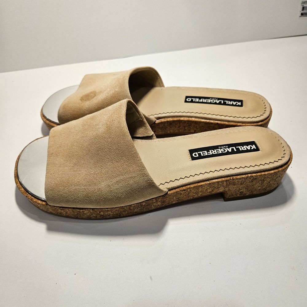 Karl Lagerfeld Paris Cher Tan Suede Cork Platform Slide Sandals‎ 8.5M 39B